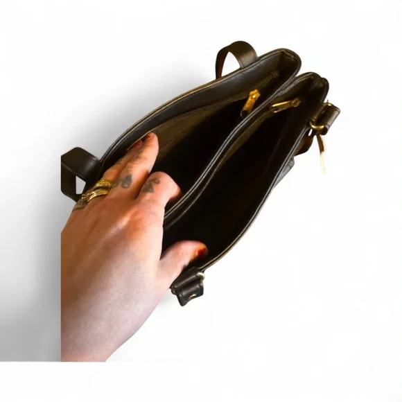 New Black Patchwork Leather Shoulder Bag Three Pockets - Picture 5 of 5